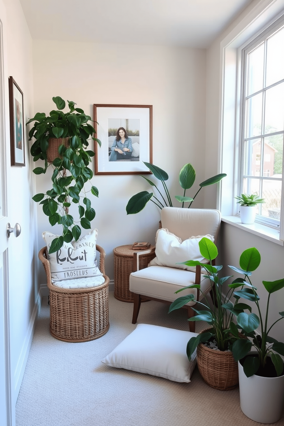 Create a cozy reading nook with plush cushions in soft pastel colors. A comfortable armchair is positioned next to a large window, allowing natural light to flood the space. Summer basement decorating ideas include brightening the area with light-colored furniture and playful decor. Incorporate indoor plants to add a refreshing touch and create a cheerful atmosphere.