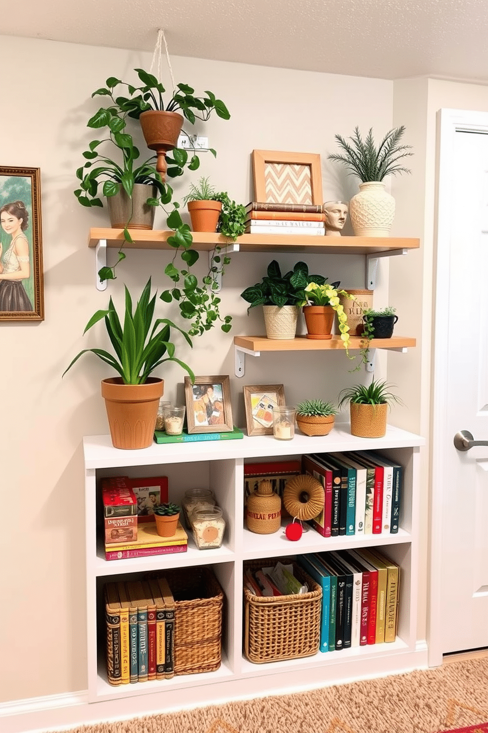 A cozy summer basement retreat featuring wall-mounted shelves adorned with decorative items. The shelves are filled with vibrant plants, colorful books, and handmade crafts, creating a warm and inviting atmosphere.