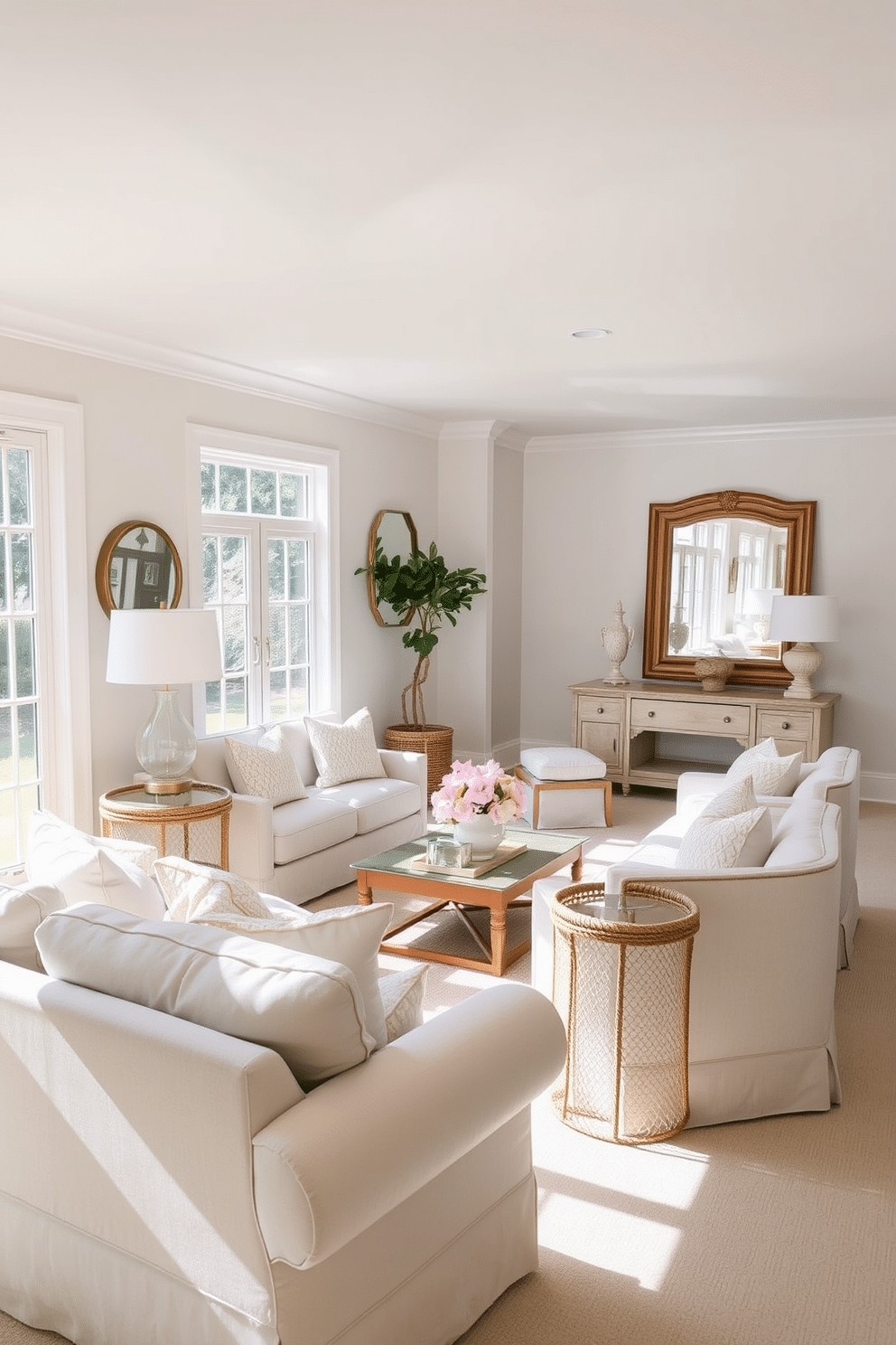 A bright and airy summer basement decorated with light-colored furniture and soft textiles. Large windows allow natural light to flood the space, creating a warm and inviting atmosphere. Incorporate a mix of comfortable seating options, such as a plush sectional and cozy armchairs. Use mirrors strategically to reflect the light and enhance the sense of openness in the room.