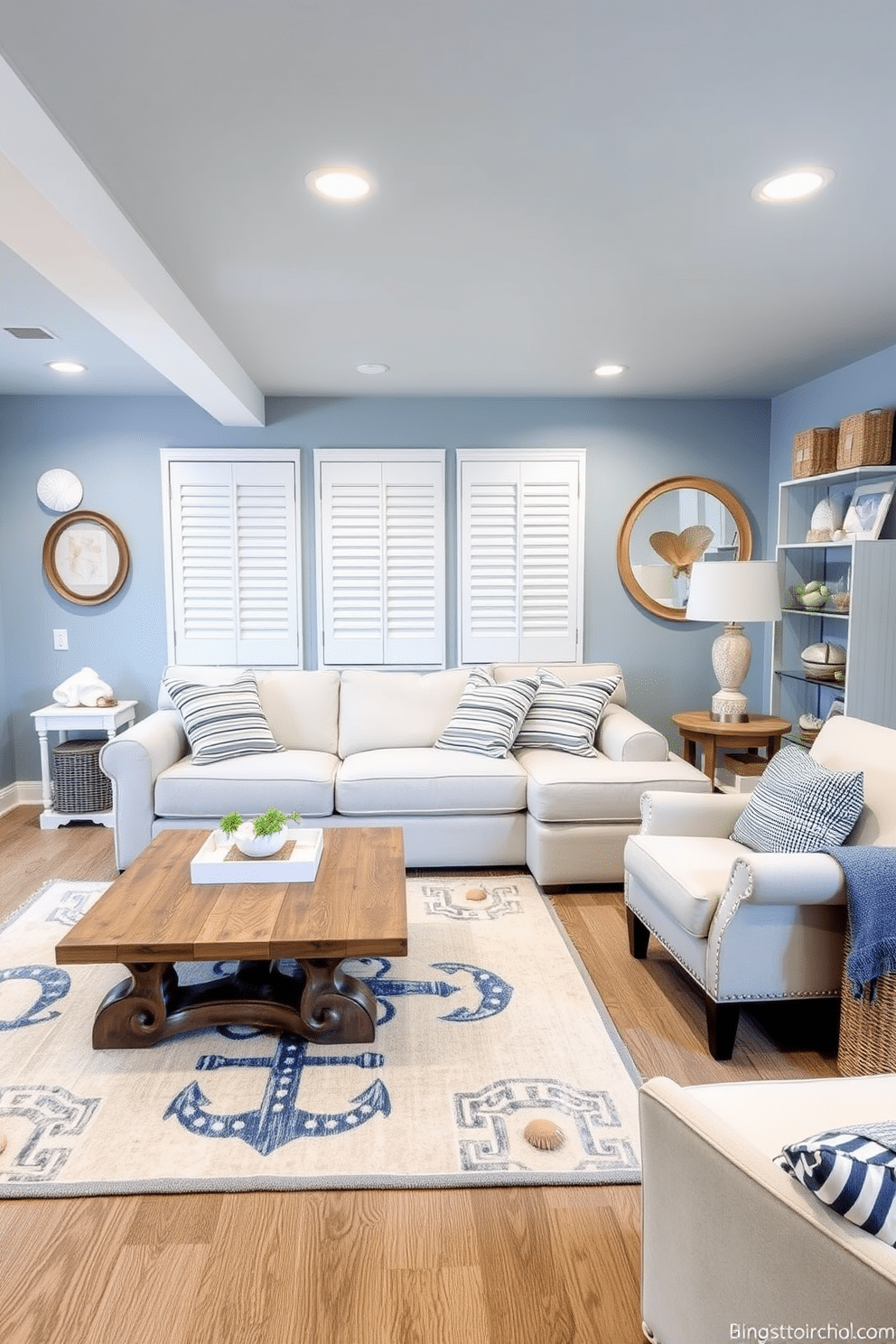 A bright and airy summer basement with nautical themes. The walls are painted in a soft blue hue, and nautical decor such as seashells and driftwood accents are strategically placed throughout the space. A cozy seating area features a light-colored sectional sofa adorned with striped throw pillows. A large area rug with a maritime motif anchors the seating, while a coffee table made from reclaimed wood adds a rustic touch.