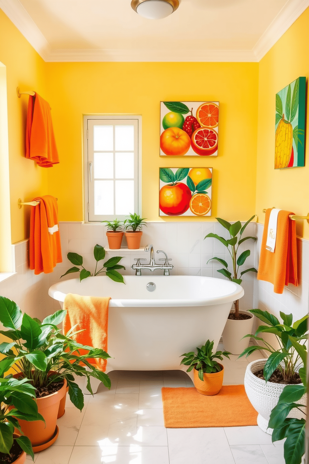 A bright and airy bathroom filled with citrus color accents. The walls are painted a soft lemon yellow, and vibrant orange towels are neatly hung on the rack. A sleek white bathtub sits in the center, surrounded by potted plants that add a refreshing touch. Colorful artwork featuring tropical fruits decorates the walls, enhancing the summer vibe.