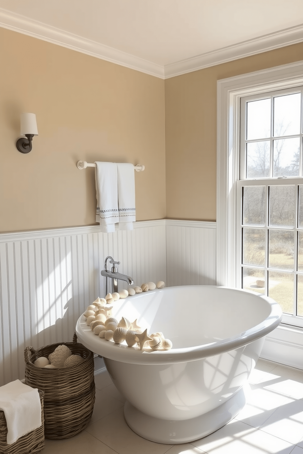 A bright and airy summer bathroom featuring seashells as decorative accents. The walls are painted in a soft sandy beige, complemented by a white beadboard wainscoting. A large soaking tub is adorned with a collection of seashells arranged on the edge, while a wicker basket filled with beach towels sits nearby. Natural light floods the space through a large window, enhancing the coastal vibe.