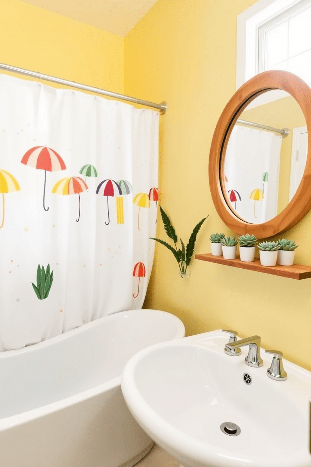 A bright and cheerful bathroom setting designed for summer. The walls are painted in a soft pastel yellow, and a whimsical shower curtain featuring colorful beach umbrellas adds a playful touch. The space includes a sleek white bathtub with modern fixtures and a wooden shelf adorned with potted succulents. A large round mirror with a natural wood frame reflects the sunlight streaming in through the window, enhancing the vibrant atmosphere.