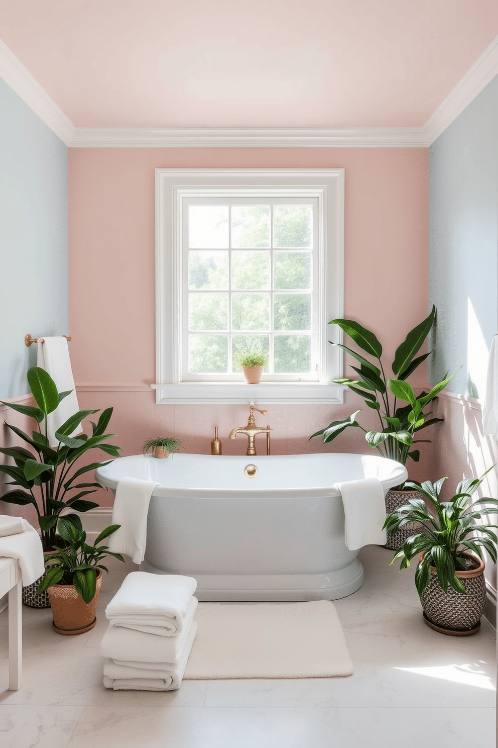 A serene bathroom space featuring walls painted in soft pastel hues such as light pink and soft blue. Natural light floods the room through a large window, enhancing the calming atmosphere of the decor. The centerpiece is a freestanding bathtub surrounded by potted plants for a touch of nature. Elegant gold fixtures and soft white towels complete the look, creating a refreshing summer vibe.