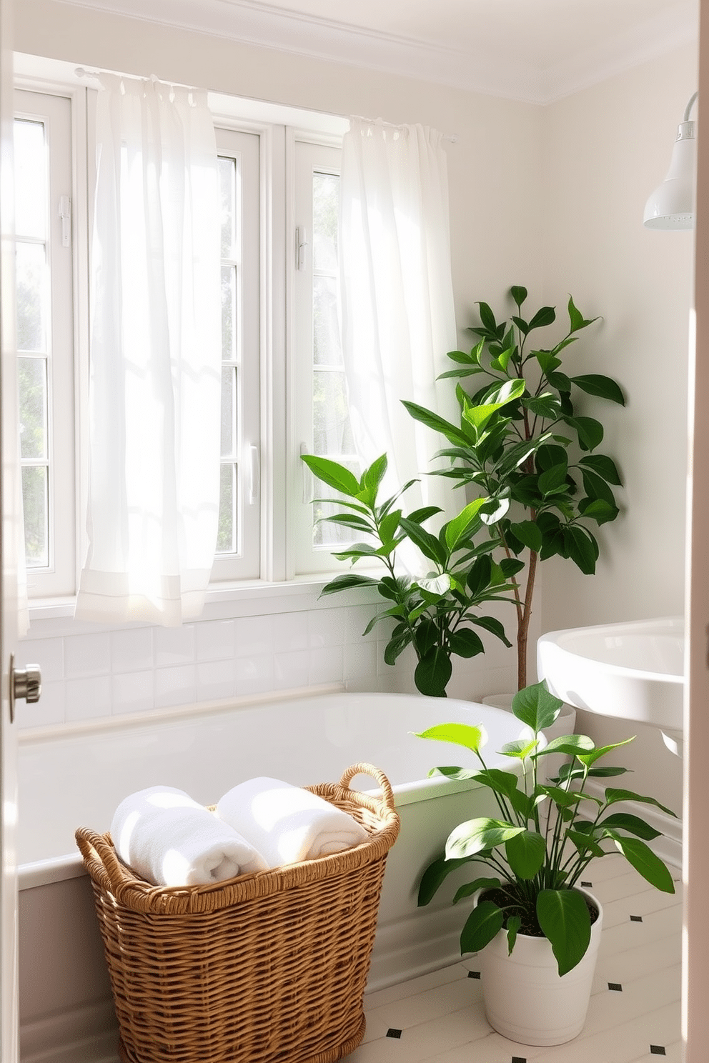 A bright and airy summer bathroom featuring a wicker basket for storage. The walls are painted in a soft pastel hue, and natural light floods the space through a large window adorned with sheer curtains. The wicker basket is filled with fluffy white towels and placed neatly beside the bathtub. Potted plants in vibrant green shades add a refreshing touch to the overall decor.