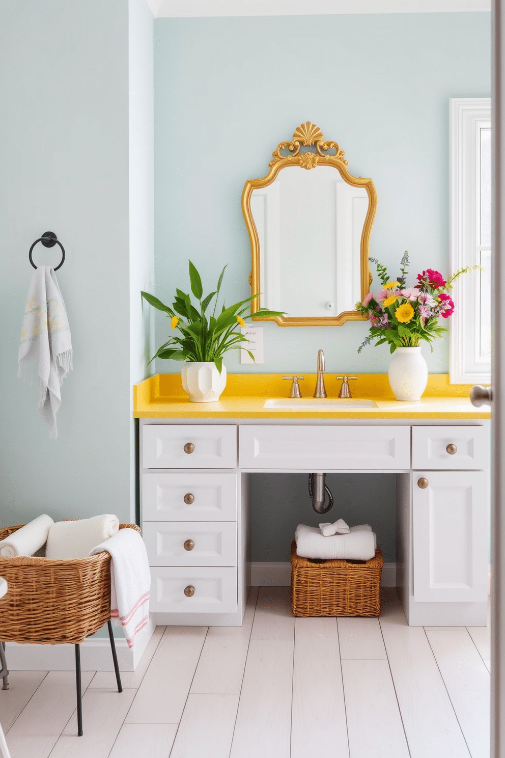 A bright and airy summer bathroom setting. The walls are painted in a soft pastel blue, and the floor is adorned with light wooden planks. There is a sleek white vanity topped with a vibrant yellow countertop. Above the vanity, a statement mirror with an ornate gold frame adds a touch of elegance. To the left of the vanity, a woven basket filled with fresh towels complements the decor. Potted greenery and colorful flowers are arranged on the windowsill, bringing the essence of summer indoors.