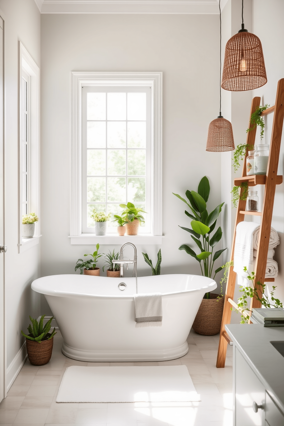 A serene summer bathroom oasis features a freestanding soaking tub positioned under a large window that lets in natural light. The walls are adorned with soft pastel hues, and a collection of potted plants adds a refreshing touch. A wooden ladder shelf holds neatly rolled towels and decorative jars filled with bath essentials. Soft lighting fixtures, such as pendant lights with woven shades, create a warm and inviting atmosphere.