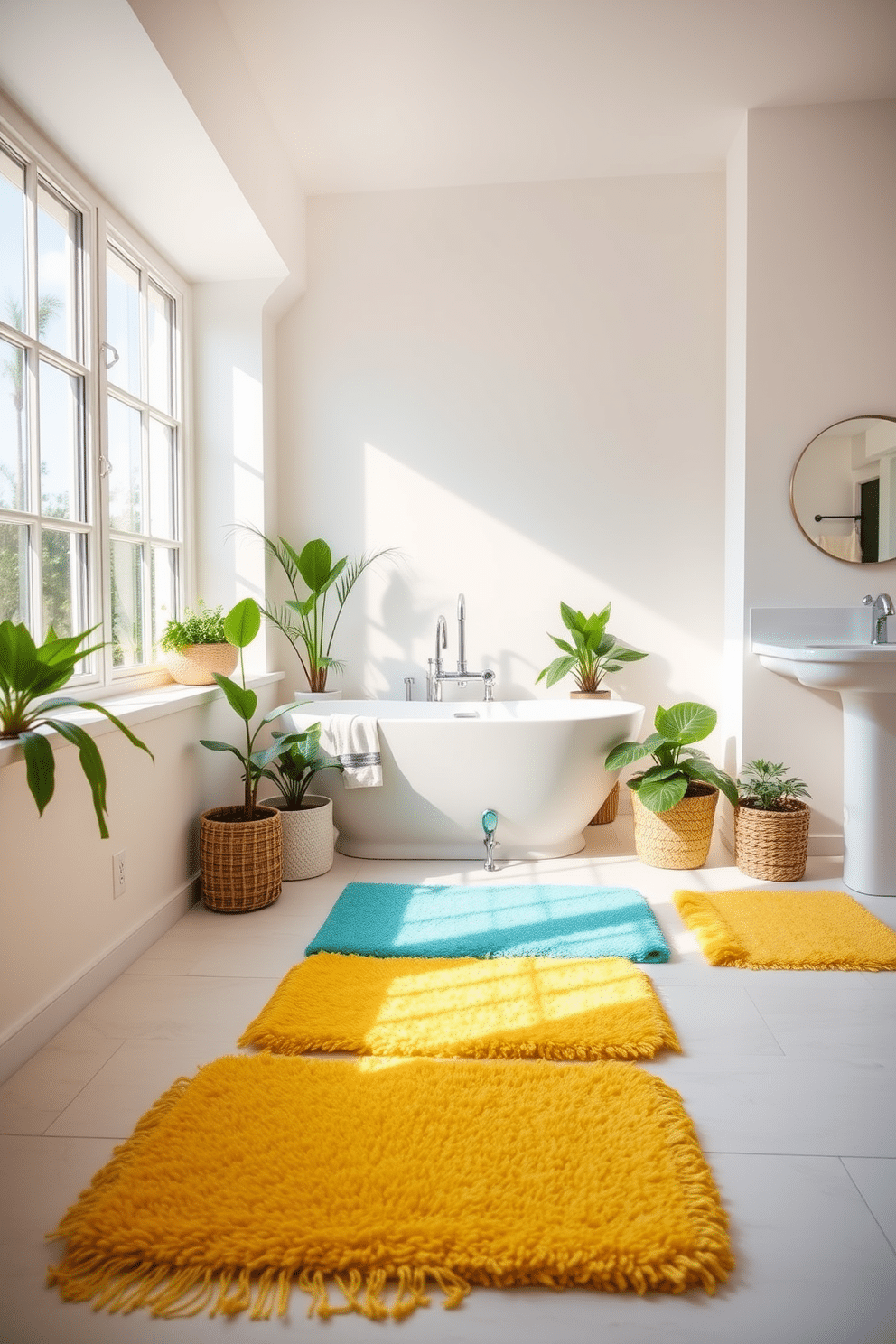 A bright and airy bathroom filled with summer vibes. Soft, colorful bath mats in shades of yellow and turquoise provide comfort underfoot, complementing the light pastel walls. The space features a freestanding soaking tub surrounded by potted plants that add a touch of greenery. A large window allows natural light to flood the room, enhancing the cheerful atmosphere.