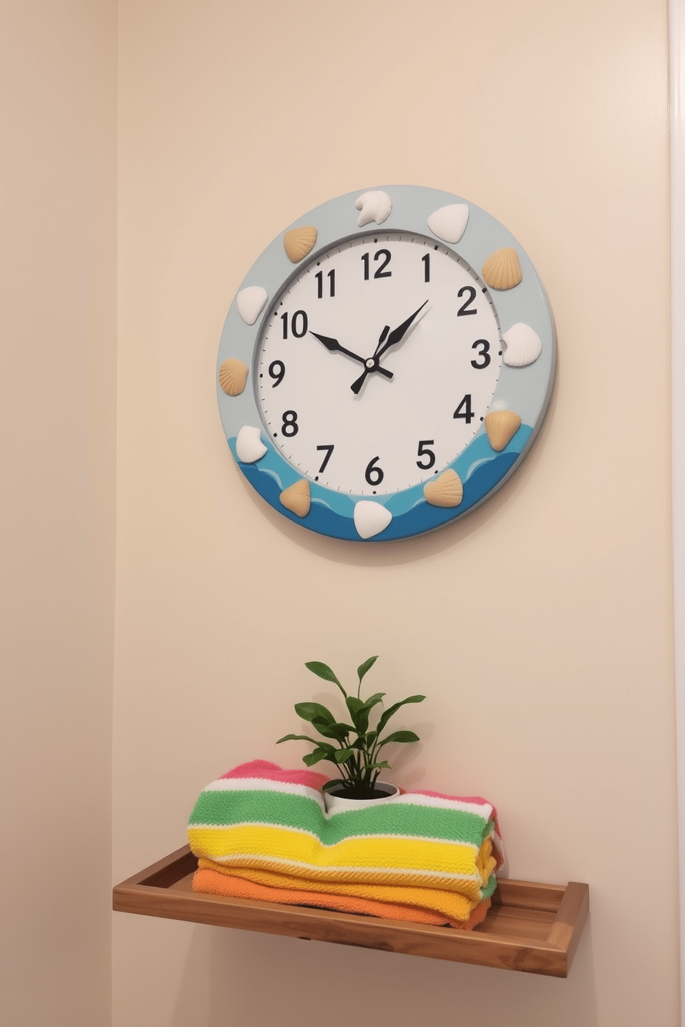 A beach-themed wall clock is mounted on a light-colored wall, featuring a round design with seashells and ocean waves around the edges. Below the clock, a wooden shelf displays vibrant beach towels and a small potted plant, adding a fresh and lively touch to the summer bathroom decor.