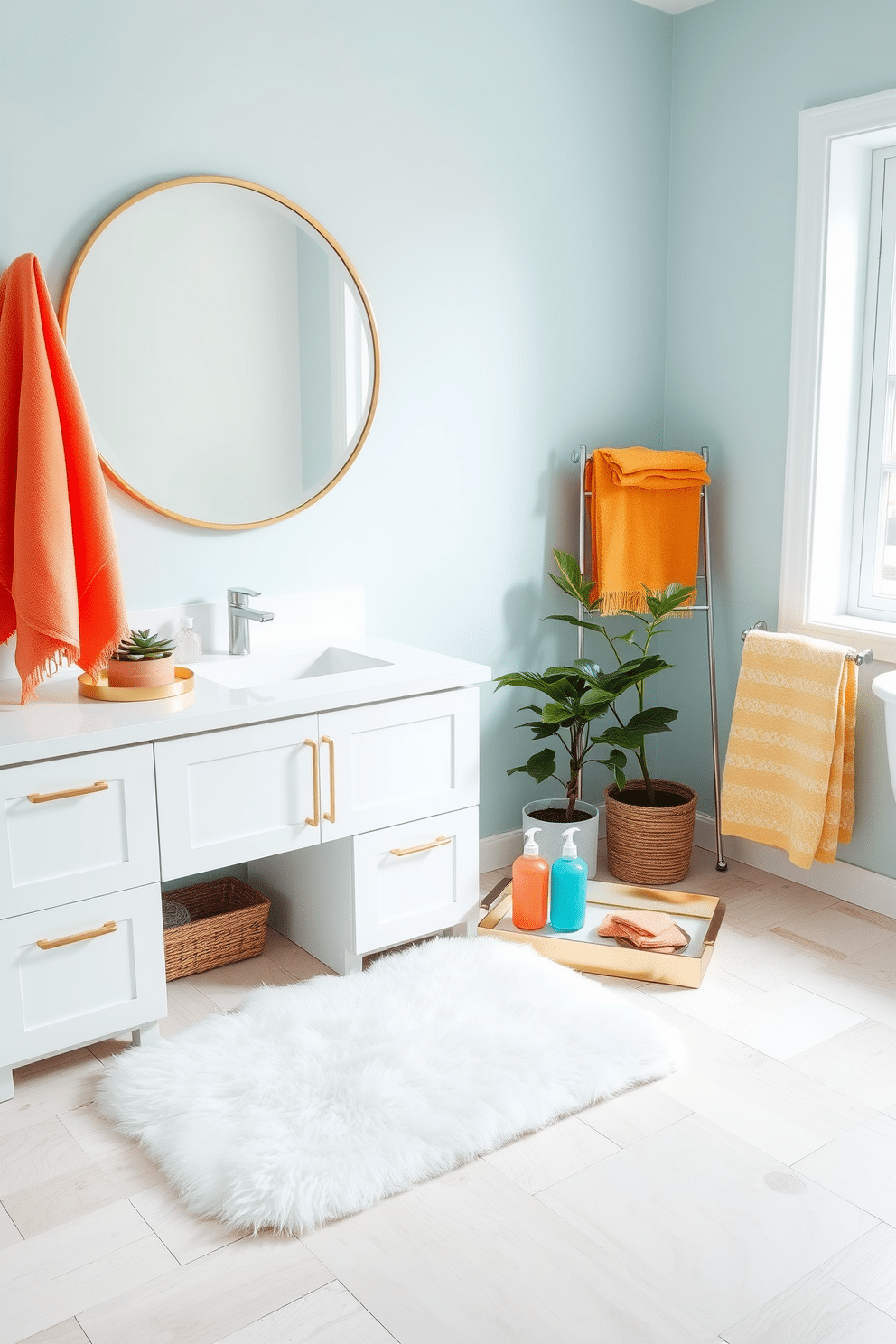 A bright and airy summer bathroom setting. The walls are painted in a soft pastel blue, and the floor is adorned with light-colored wood tiles. A sleek white vanity holds a large round mirror with a gold rim. Colorful soap dispensers in shades of coral and turquoise are arranged on a stylish tray next to a small potted plant. A fluffy white bath mat adds a touch of comfort in front of the sink. Freshly folded towels in vibrant colors hang neatly on a rack, bringing a cheerful vibe to the space.