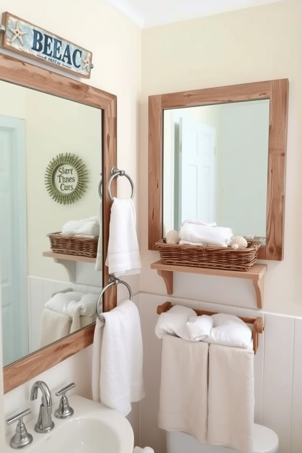 A charming summer bathroom that exudes a coastal vibe. The walls are adorned with soft pastel colors, and a vintage beach sign hangs above the towel rack, adding a nostalgic touch. The decor features seashell accents and a wicker basket filled with fluffy towels. A large mirror with a distressed wood frame reflects the light, enhancing the airy atmosphere of the space.