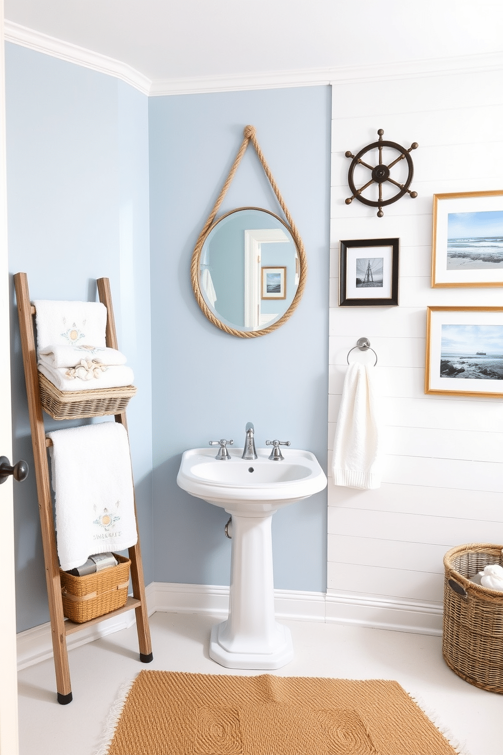 A bright and airy bathroom featuring nautical themed decor elements. The walls are painted in soft blue, and a white shiplap accent wall adds texture. A vintage wooden ladder leans against the wall, displaying plush white towels and a woven basket filled with seashells. A round mirror with a rope frame hangs above a white pedestal sink, complementing the coastal vibe. Nautical accents like a ship wheel and framed ocean prints adorn the walls, creating a relaxed atmosphere. A jute rug lies beneath the sink, adding warmth and a natural touch to the space.