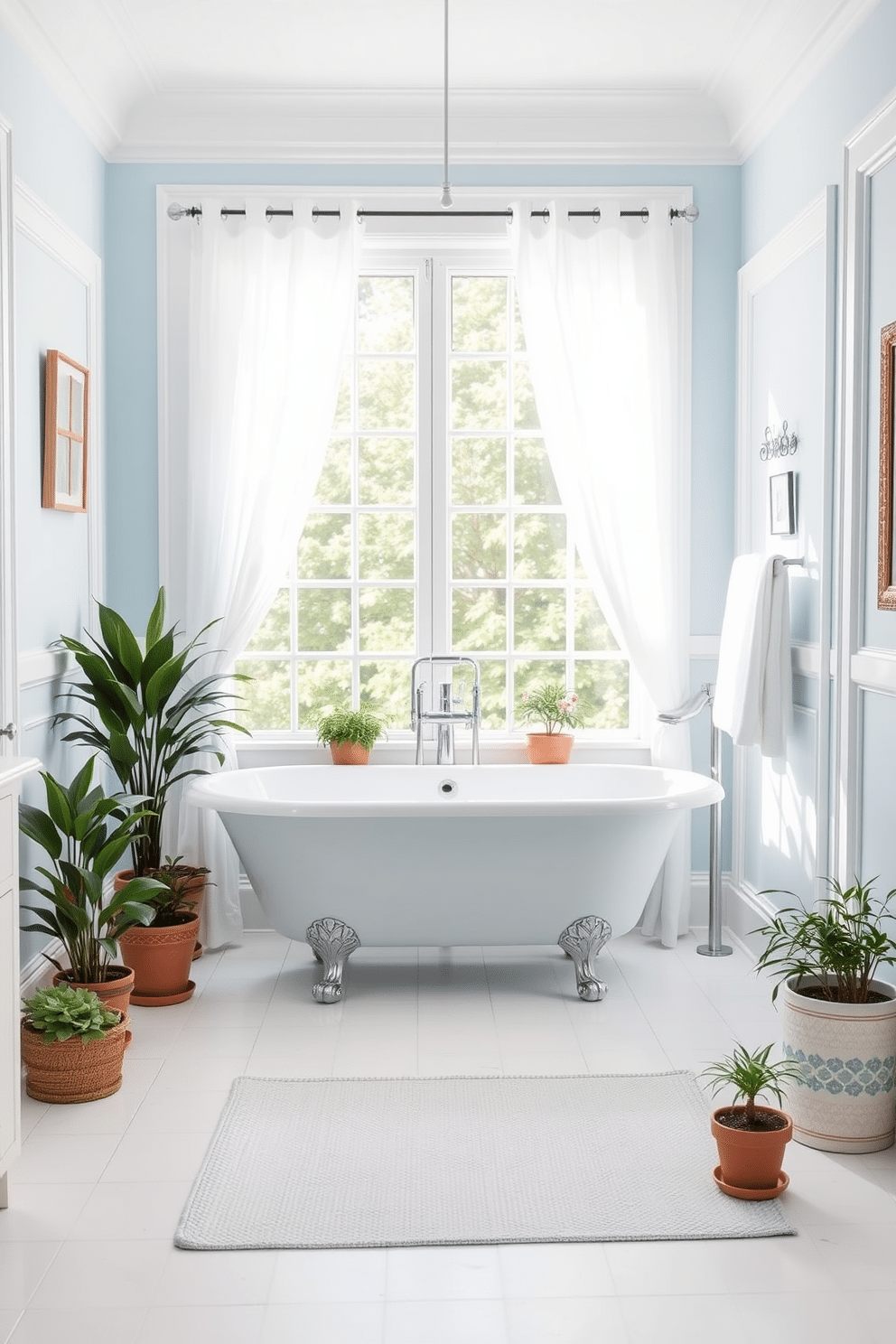 A serene summer bathroom setting featuring a light blue color palette. The walls are painted in a soft sky blue, complemented by white trim and accents throughout the space. A freestanding bathtub sits in the center, surrounded by potted plants that add a touch of greenery. Natural light floods in through a large window adorned with sheer white curtains, creating a bright and airy atmosphere.