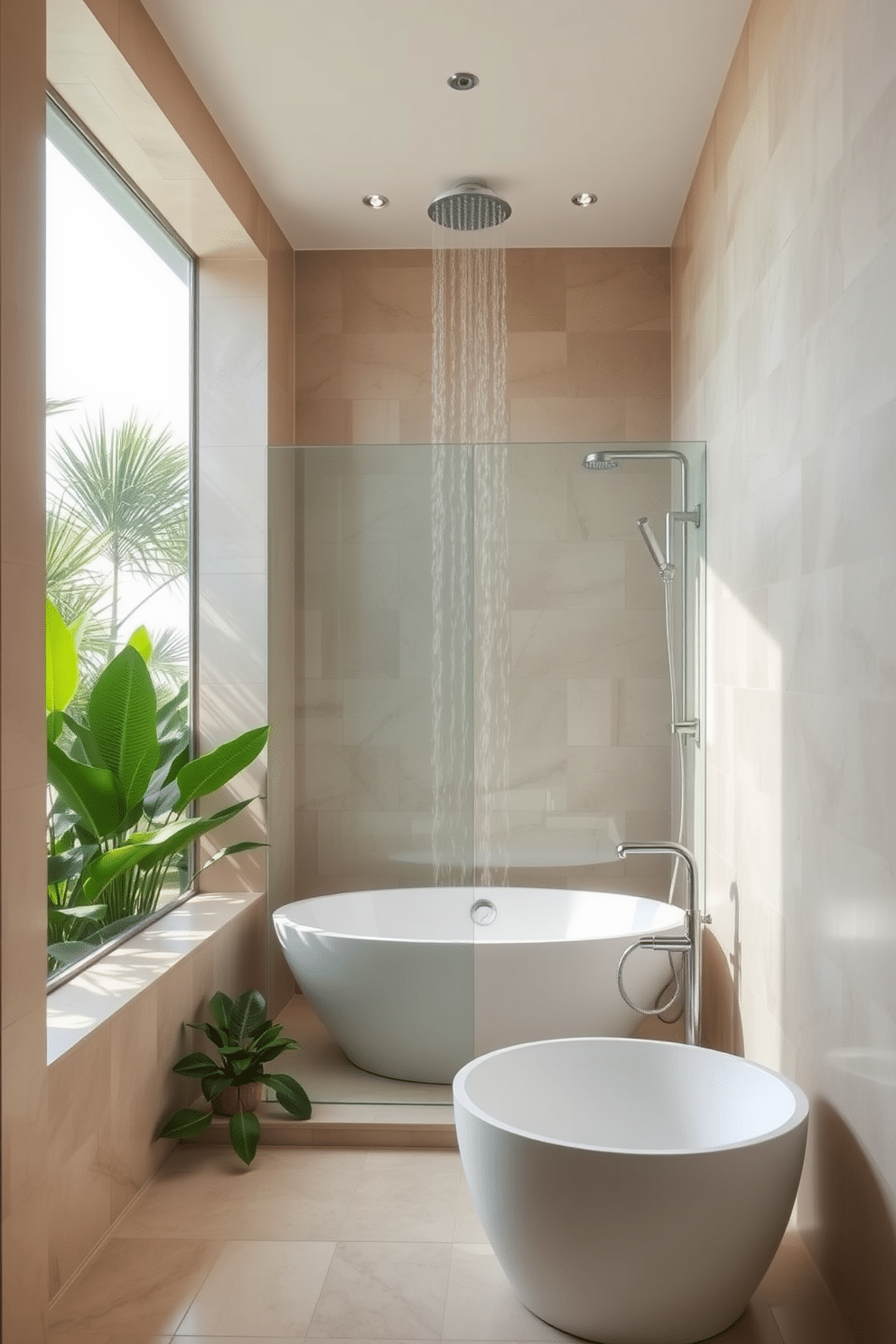 A luxurious summer bathroom featuring a spacious walk-in shower with a stunning rain showerhead. The walls are adorned with soft beige tiles, and large glass panels create an airy feel. A freestanding soaking tub sits elegantly in the corner, surrounded by lush green plants for a refreshing touch. Natural light floods in through a large window, enhancing the serene atmosphere.