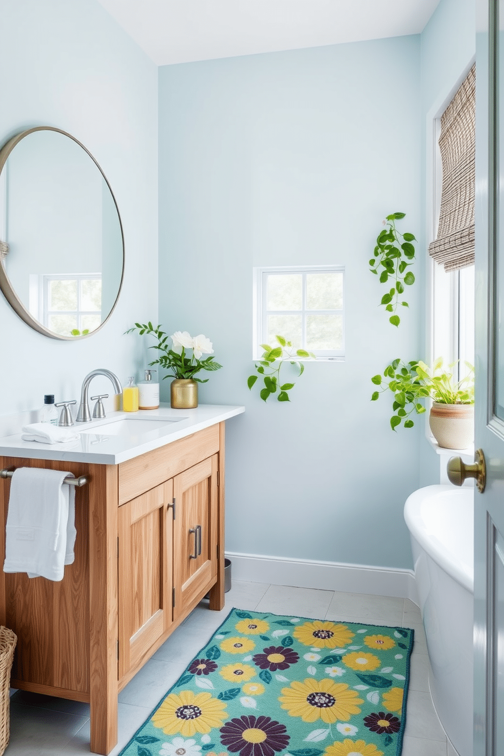 A bright and airy summer bathroom featuring a light blue color palette. The space includes a wooden vanity with a white quartz countertop and a large round mirror above it. To the side, a playful rug with a vibrant summery print adds a pop of color to the floor. Fresh green plants are placed on the windowsill, enhancing the lively atmosphere of the room.