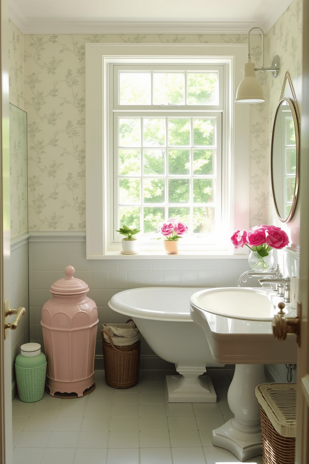 A bright and airy summer bathroom features ceramic jars in soft pastel colors for stylish toiletries storage. The walls are adorned with light, breezy wallpaper, and natural light floods in through a large window, enhancing the cheerful ambiance.