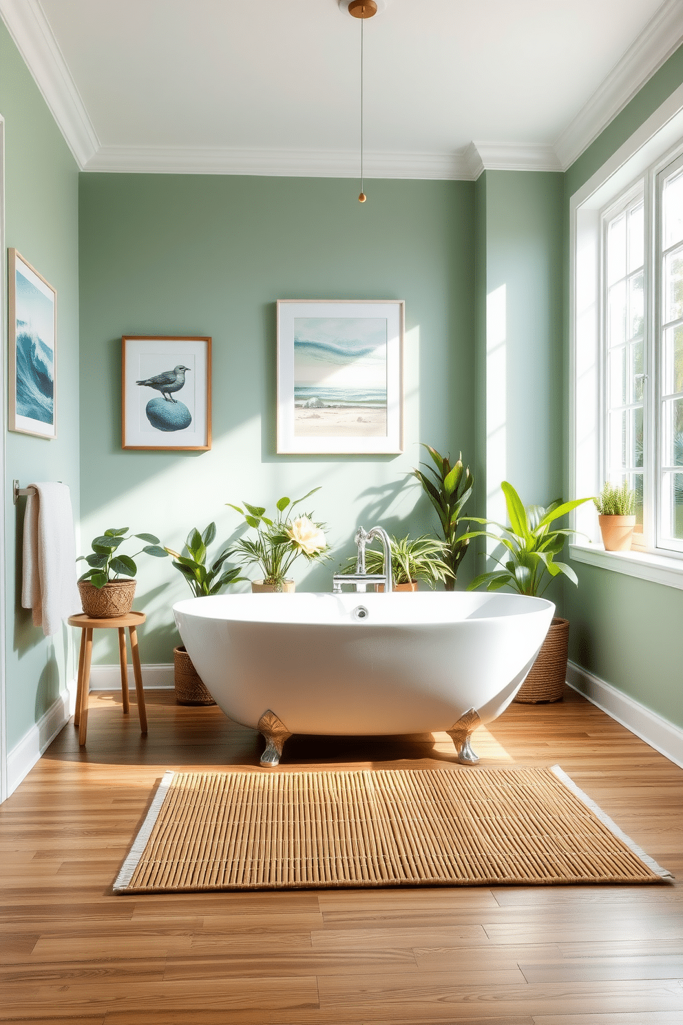 A serene summer bathroom setting featuring a bamboo bath mat on a polished wooden floor. The walls are painted in a soft seafoam green, with coastal-themed artwork adorning them. A freestanding soaking tub sits in the center, surrounded by potted plants that bring a touch of nature indoors. Natural light streams through a large window, illuminating the space and creating a tranquil atmosphere.