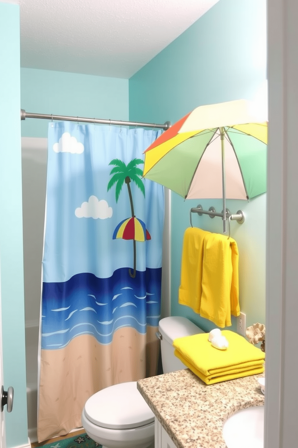 A whimsical beach umbrella decor enhances the summer vibes in this bathroom. The walls are painted in a soft aqua blue, while the shower curtain features a playful beach scene. A colorful beach umbrella stands in the corner, adding a fun focal point. Complementing this, bright yellow towels are neatly hung on a rack, and seashell accents are placed on the countertop.