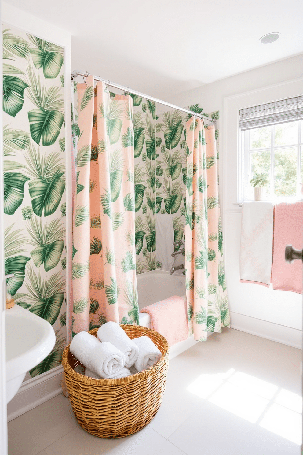 A bright and airy bathroom filled with natural light. The walls are adorned with removable wallpaper featuring a tropical leaf pattern, instantly refreshing the space. The decor includes soft pastel towels and a vibrant shower curtain that complements the wallpaper. A wicker basket holds rolled towels, adding a touch of summer charm to the overall design.