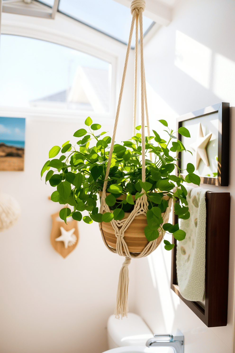 A bright and airy bathroom filled with natural light. A macrame plant holder hangs from the ceiling, showcasing lush green plants that bring a touch of nature indoors. The walls are painted in a soft pastel color, creating a calming atmosphere. Decorative elements like seashells and beach-themed artwork enhance the summer vibe, making the space feel fresh and inviting.