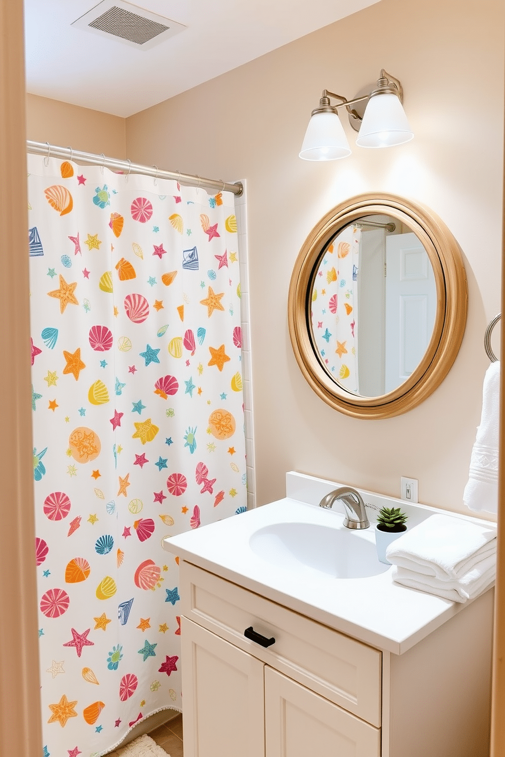 A bright and airy bathroom featuring a fun beach-themed shower curtain adorned with colorful seashells and starfish. The walls are painted in a soft sandy beige, complementing the light wood accents throughout the space. A round mirror with a driftwood frame hangs above the vanity, which is topped with a stylish white countertop. To enhance the summer vibe, a small potted succulent sits next to a stack of fluffy white towels.