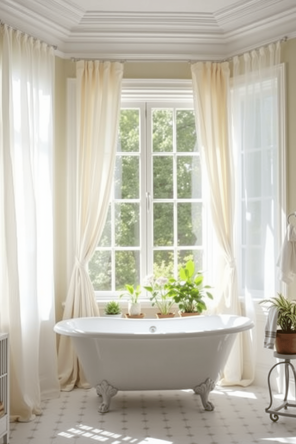 A bright and cheerful bathroom adorned with light and airy fabrics for curtains. The curtains gently billow in the breeze, allowing soft sunlight to filter through and illuminate the space. The walls are painted in a soft pastel hue, complemented by white trim and accents. A freestanding bathtub sits in front of a large window, surrounded by potted plants that add a touch of nature to the decor.