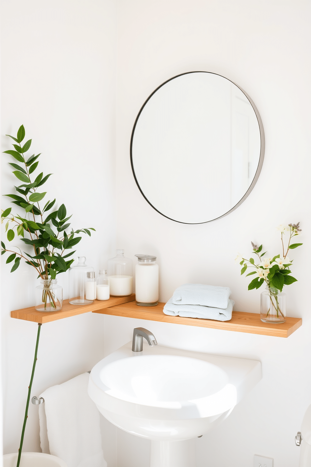 A bright summer bathroom featuring glass containers for bath essentials arranged neatly on a wooden shelf. The walls are painted in a soft white hue, and fresh greenery is placed in the corner to bring a touch of nature indoors. A large circular mirror hangs above the sink, reflecting natural light that floods the space. Light blue towels are neatly folded and displayed, adding a pop of color to the serene atmosphere.