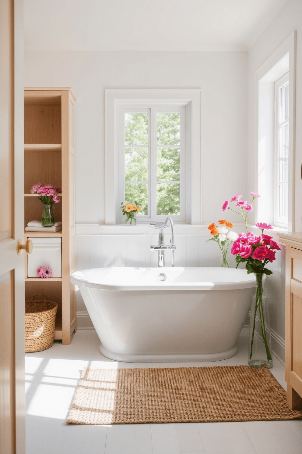 A bright and airy summer bathroom filled with natural light. The space features a sleek white freestanding bathtub surrounded by fresh flowers in vibrant vases, adding a pop of color. The walls are painted in a soft pastel hue, creating a calming atmosphere. A woven rug lies beneath the bathtub, complementing the light wood accents in the cabinetry and shelving.