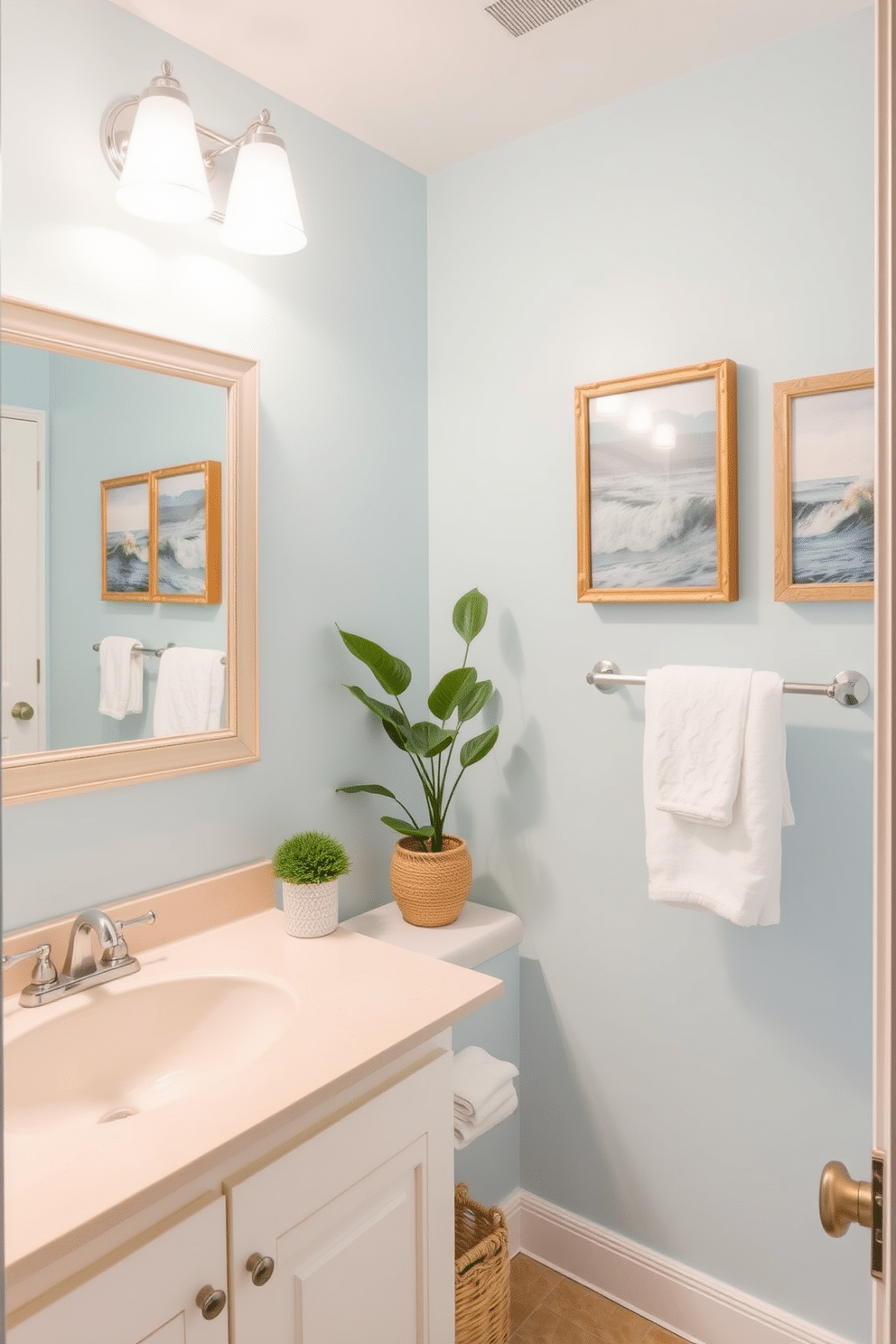 A bright and airy bathroom adorned with beach-inspired wall art that captures the essence of coastal living. Light blue and sandy beige tones dominate the decor, creating a serene atmosphere that invites relaxation. The walls feature framed prints of ocean waves and seashells, adding a touch of the seaside to the space. A woven basket holds fluffy white towels, while a small potted plant brings a pop of greenery to the countertop.