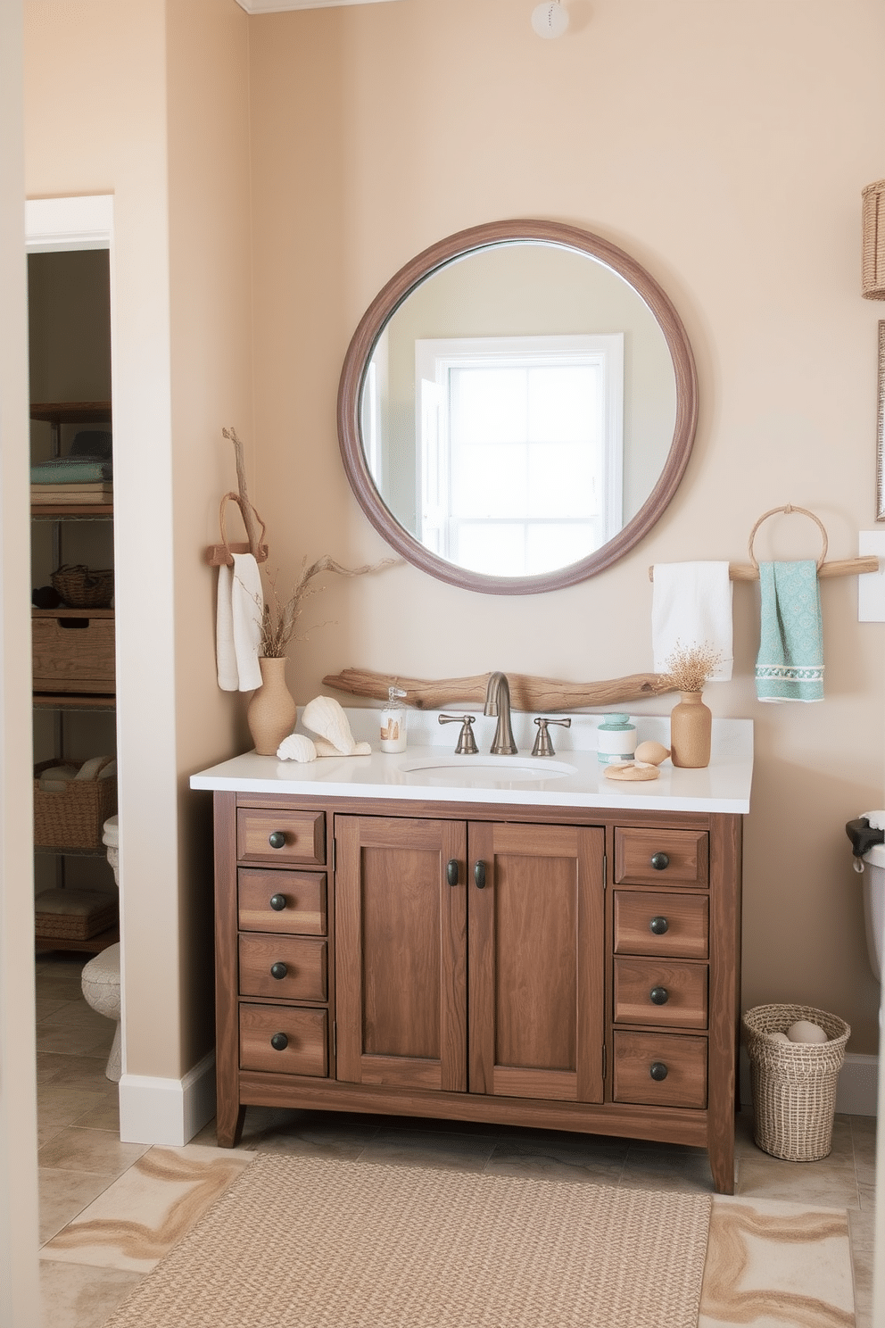 A serene summer bathroom setting featuring driftwood accents that add natural texture. The walls are painted in a soft sandy beige, and the decor includes light aqua and coral accents for a fresh coastal vibe. A spacious wooden vanity with a white quartz countertop holds a single sink, surrounded by decorative seashells. Above the vanity, a large round mirror framed in weathered driftwood reflects the natural light streaming in from a nearby window.