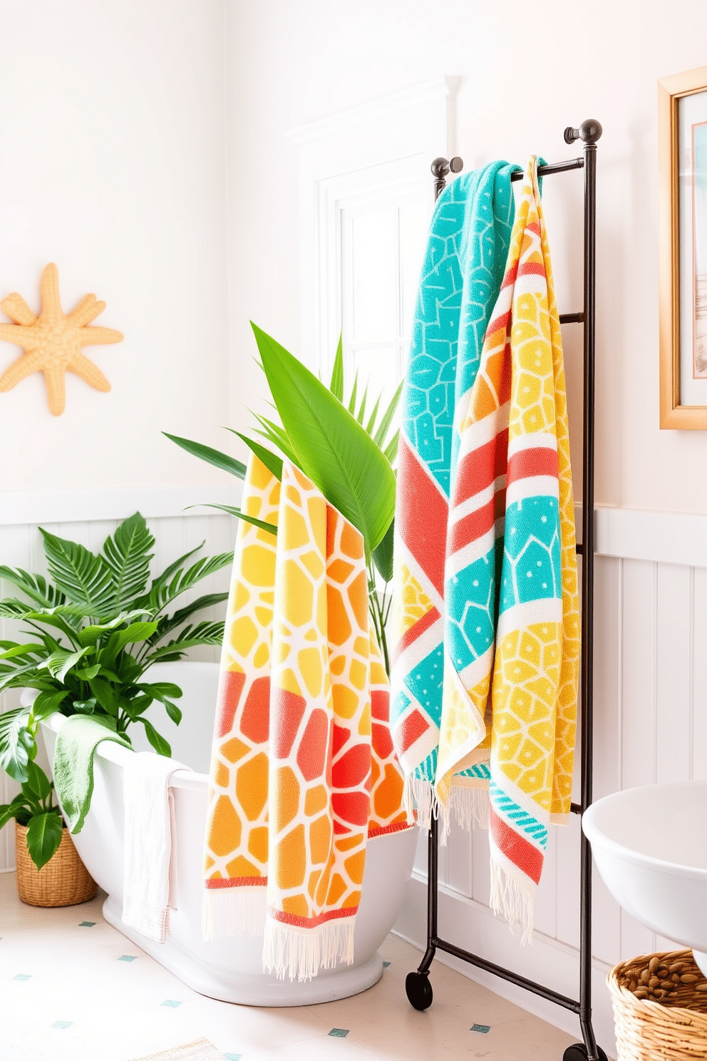 A bright and airy summer bathroom features patterned towels in vibrant colors like coral, turquoise, and sunny yellow. The towels are neatly arranged on a stylish rack next to a sleek white bathtub, which is surrounded by lush green plants for a refreshing touch. The walls are painted in a soft pastel hue, enhancing the light and cheerful atmosphere. Decorative elements like seashells and beach-themed artwork add a playful summer vibe to the overall design.