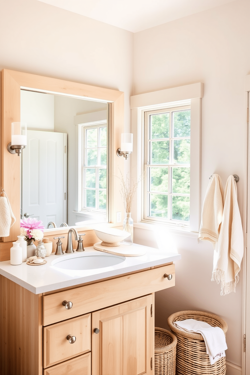 A light wood vanity with a smooth countertop creates a warm and inviting atmosphere. Soft pastel accents and natural textures enhance the summer vibe, making the space feel fresh and airy. Incorporate decorative elements like seashells and light fabrics to evoke a coastal feel. A large window allows natural light to flood the room, highlighting the cheerful color palette and adding to the overall brightness.