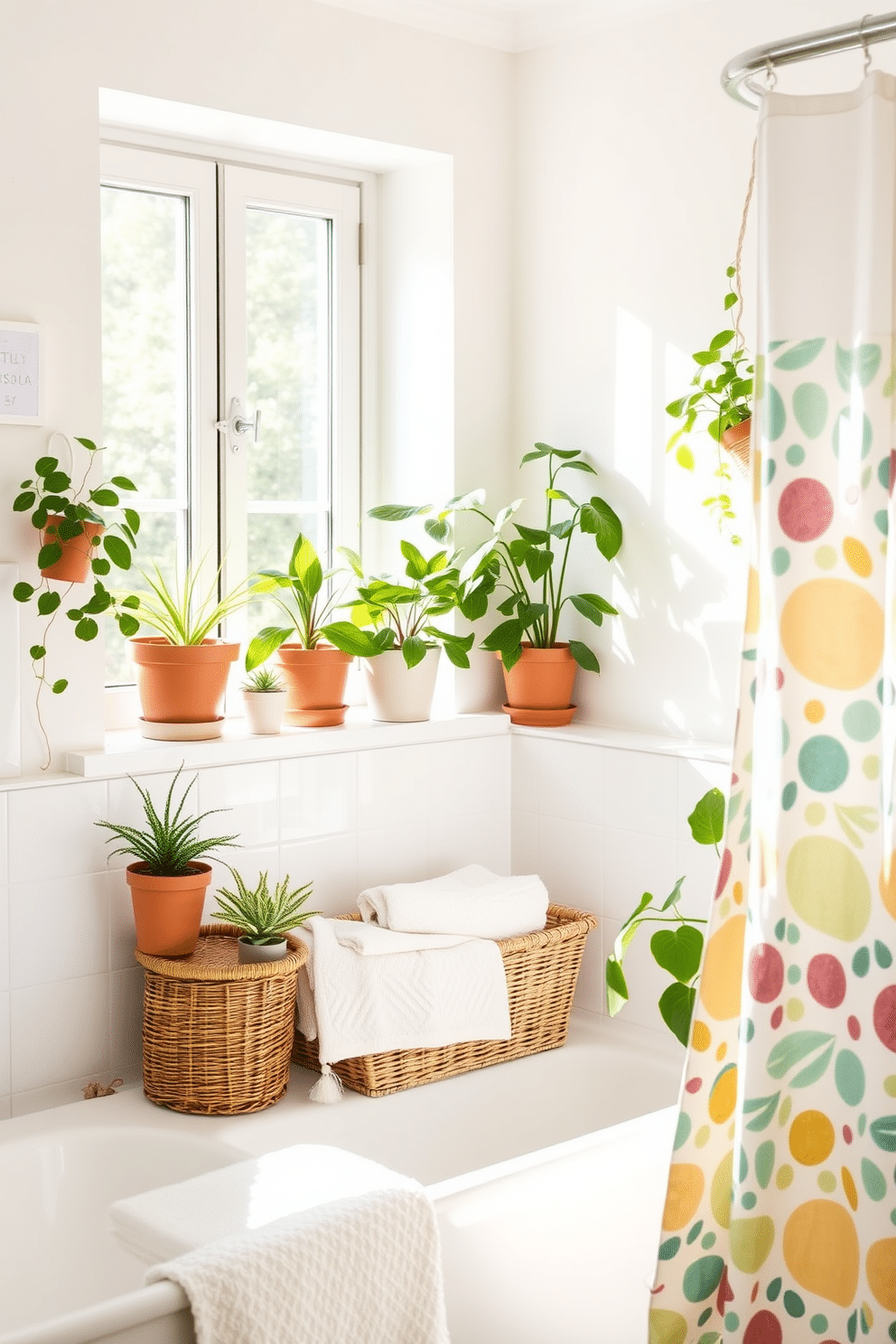 A bright and airy summer bathroom filled with natural light. Potted plants in various sizes adorn the windowsill and corners, adding a fresh touch of greenery. The walls are painted in a soft pastel hue, creating a calming atmosphere. A woven basket holds fluffy towels, while a colorful shower curtain brings a playful element to the space.