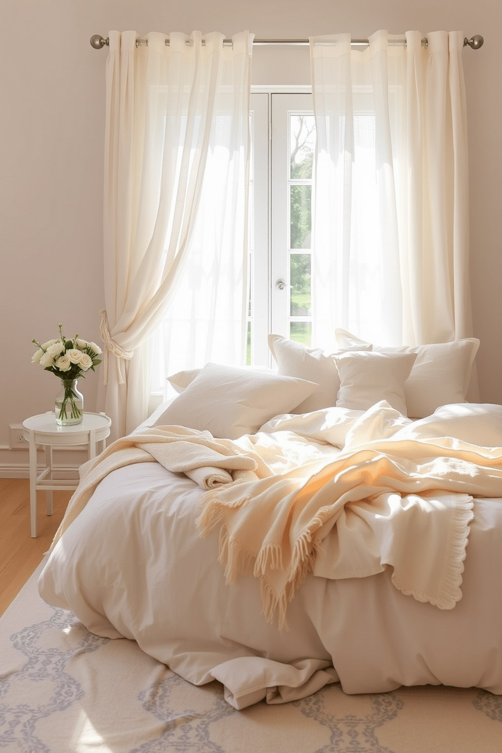 Lightweight cotton bedding in soft pastel colors creates a serene and inviting atmosphere. The bed is adorned with fluffy pillows and a lightweight throw, enhancing the cozy feel of the summer bedroom. Natural light streams in through sheer curtains, illuminating the room with a warm glow. A small bedside table holds a vase of fresh flowers, adding a touch of nature to the decor.