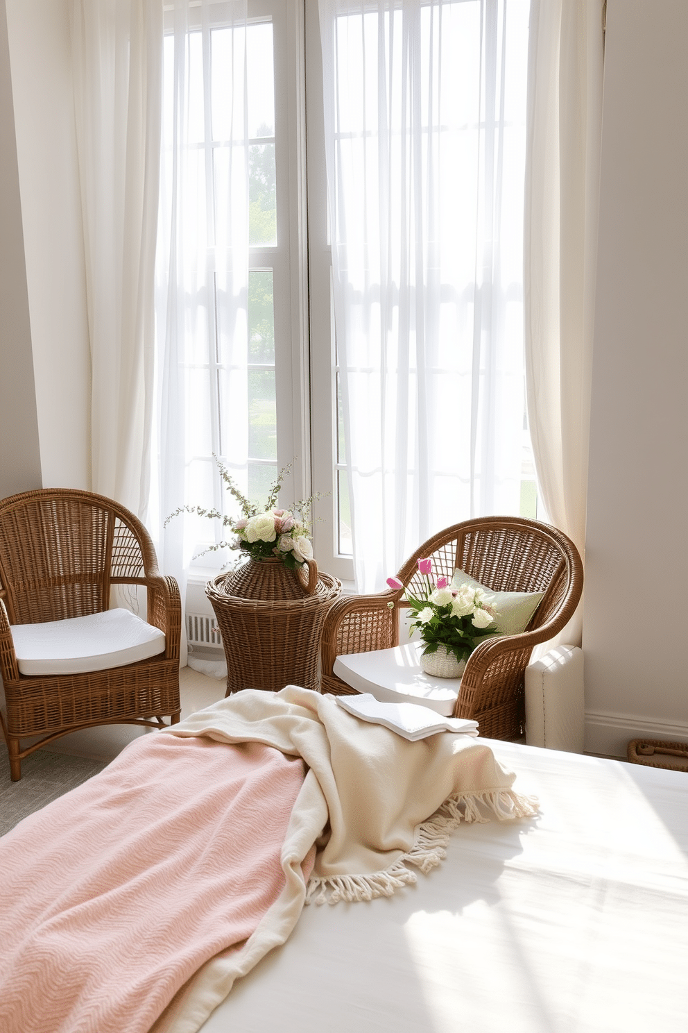 A serene summer bedroom featuring wicker and rattan furniture accents. The bed is dressed in light linen sheets with a soft pastel throw blanket draped across the foot. A pair of rattan armchairs are positioned near a large window, adorned with sheer white curtains that allow natural light to filter in. A woven basket sits in the corner, filled with fresh flowers and a cozy throw for added warmth and texture.