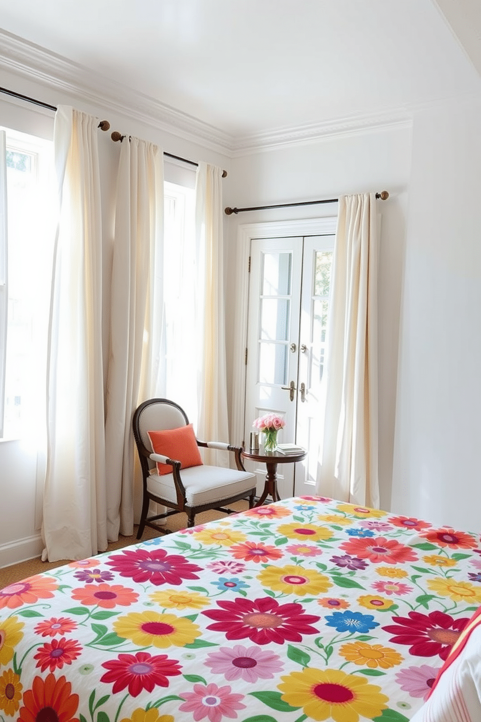 A bright and cheerful bedroom filled with natural light. The bed is adorned with a vibrant bedspread featuring colorful floral patterns that evoke a sense of summer. Soft pastel curtains frame the windows, allowing sunlight to filter in gently. A cozy reading nook is created with a comfortable chair and a small side table, perfect for enjoying a morning coffee.