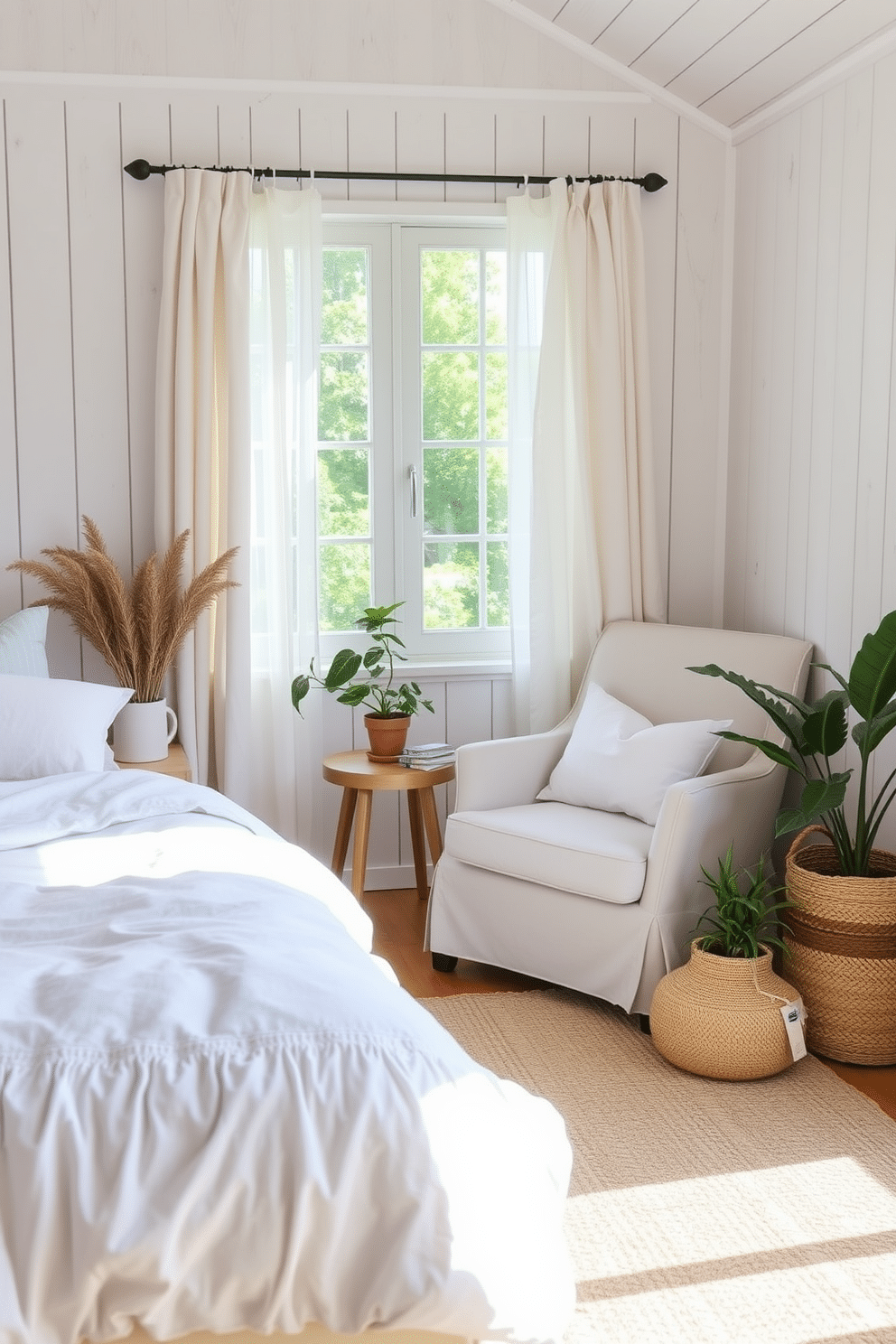 A serene summer bedroom retreat with soft linen bedding in shades of pale blue and white. Natural light filters through sheer curtains, illuminating a cozy reading nook with a plush armchair and a small side table. The walls are adorned with light wood paneling, creating a warm and inviting atmosphere. A woven jute rug lies underfoot, adding an earthy texture to the space, while potted plants bring a touch of greenery indoors.