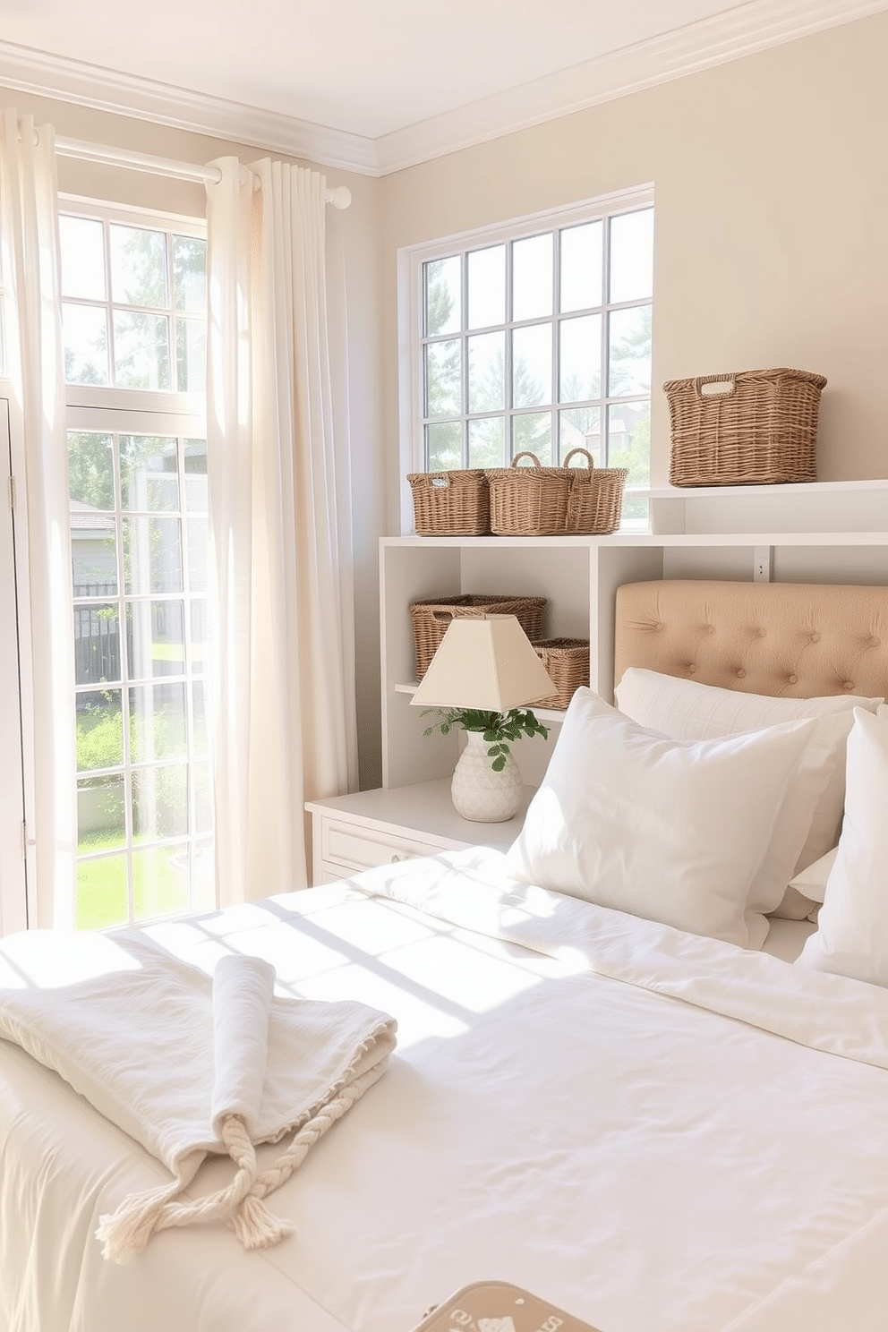 A serene summer bedroom setting featuring decorative storage baskets for organization. The baskets are woven in natural fibers and placed neatly on shelves, adding texture and charm to the room. The bed is adorned with light, airy linens in soft pastel colors, creating a calming atmosphere. Large windows allow natural light to flood the space, complemented by sheer curtains that flutter gently in the breeze.