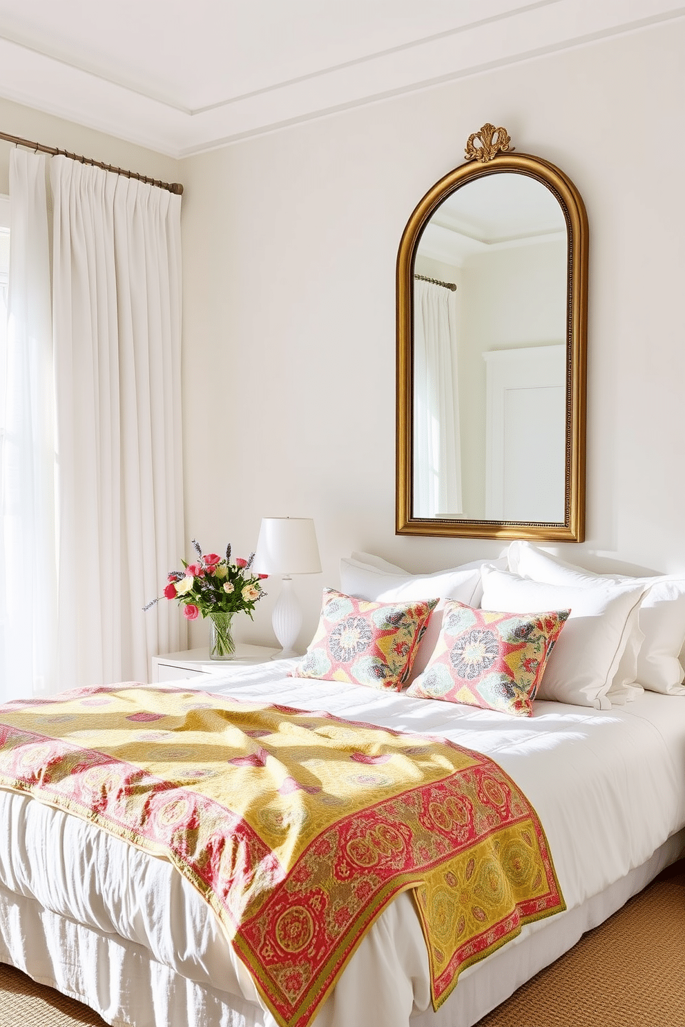 A bright and airy summer bedroom featuring a large statement mirror that reflects natural light. The walls are painted in a soft pastel hue, complemented by light linen curtains that flutter gently in the breeze. A plush white bed is adorned with colorful throw pillows and a lightweight quilt in vibrant patterns. A small bedside table holds a fresh vase of seasonal flowers, adding a touch of nature to the serene space.