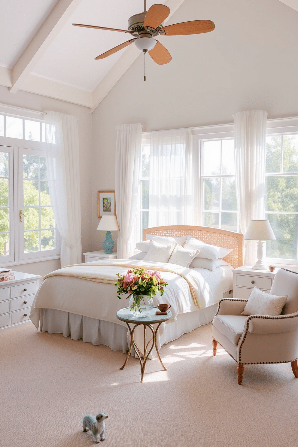 A bright and airy summer bedroom filled with light-colored furniture that enhances the sense of openness. The bed is dressed in soft pastel linens, complemented by a light wood headboard and matching nightstands on either side. Large windows draped with sheer white curtains allow natural light to flood the room, creating a warm and inviting atmosphere. A cozy reading nook features a comfortable armchair and a small side table, adorned with a fresh bouquet of seasonal flowers.