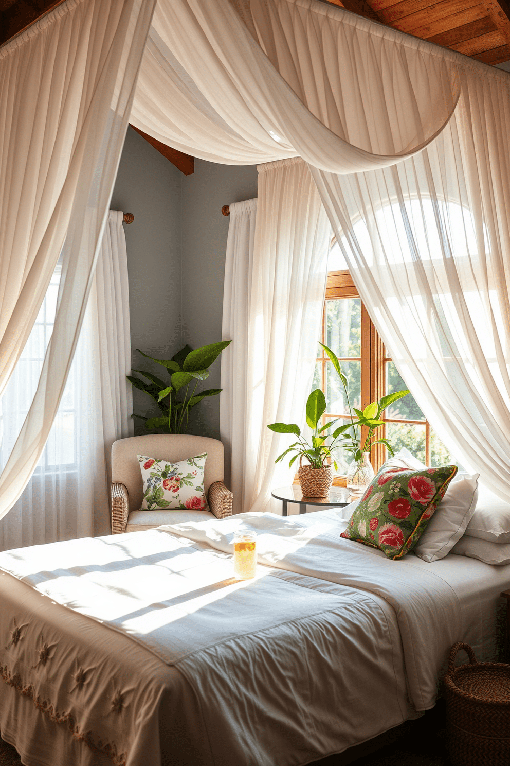 A serene summer bedroom adorned with a flowing bed canopy made of light, airy fabric that gently drapes from the ceiling. The bed is dressed in crisp white linens with vibrant floral pillows, and soft sunlight filters through sheer curtains, creating a warm and inviting atmosphere. A cozy reading nook is positioned near the window, featuring a plush armchair and a small side table with a refreshing drink. Bright green plants in woven baskets add a touch of nature, enhancing the summer vibe throughout the space.