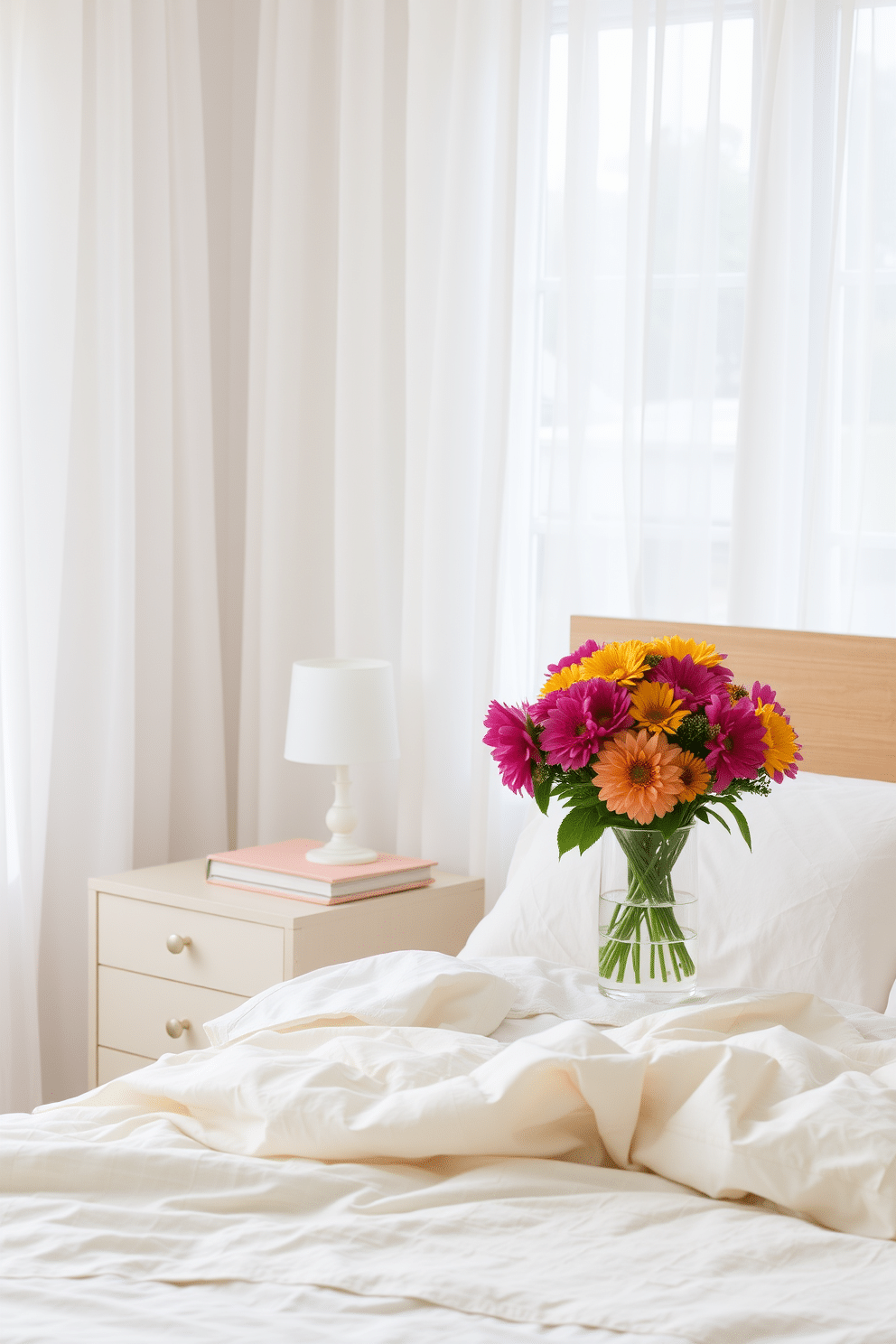 A serene summer bedroom setting. The nightstand is adorned with a vibrant arrangement of fresh flowers in a clear vase, adding a pop of color to the space. Soft, breathable linens in light pastel hues drape over the bed, creating a relaxed and inviting atmosphere. Natural light filters through sheer curtains, illuminating the room and enhancing the tranquil vibe.