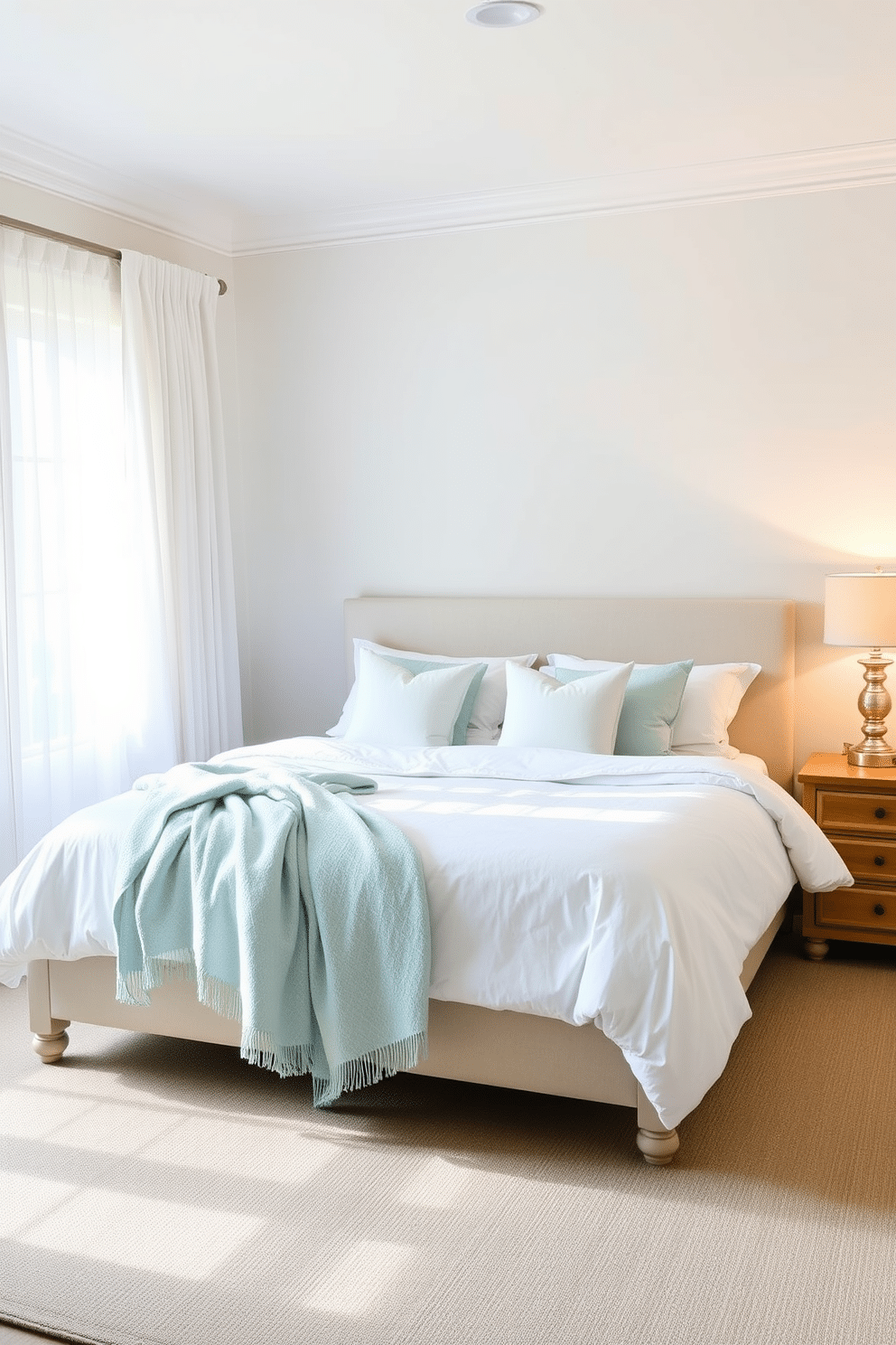 A serene summer bedroom setting with light-colored wall paint in soft pastel tones. The room features a king-sized bed dressed in crisp white linens and a light blue throw blanket, complemented by fluffy pillows in coordinating shades. Natural light floods the space through sheer curtains, creating a bright and airy atmosphere. A wooden nightstand on either side of the bed holds stylish lamps with soft, warm light, enhancing the tranquil vibe.