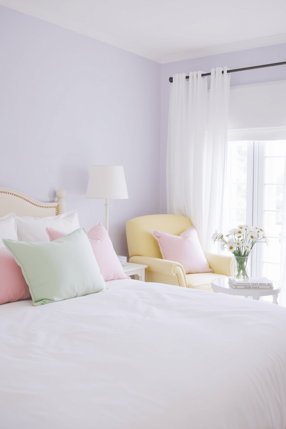 A serene summer bedroom setting with soft pastel color accents. The walls are painted in a light lavender hue, complemented by a plush white bedspread adorned with pastel pink and mint green throw pillows. A cozy reading nook is created by a comfortable armchair in a soft yellow fabric, positioned near a window with sheer white curtains. A small side table holds a stack of books and a delicate vase filled with fresh daisies, adding a cheerful touch to the space.