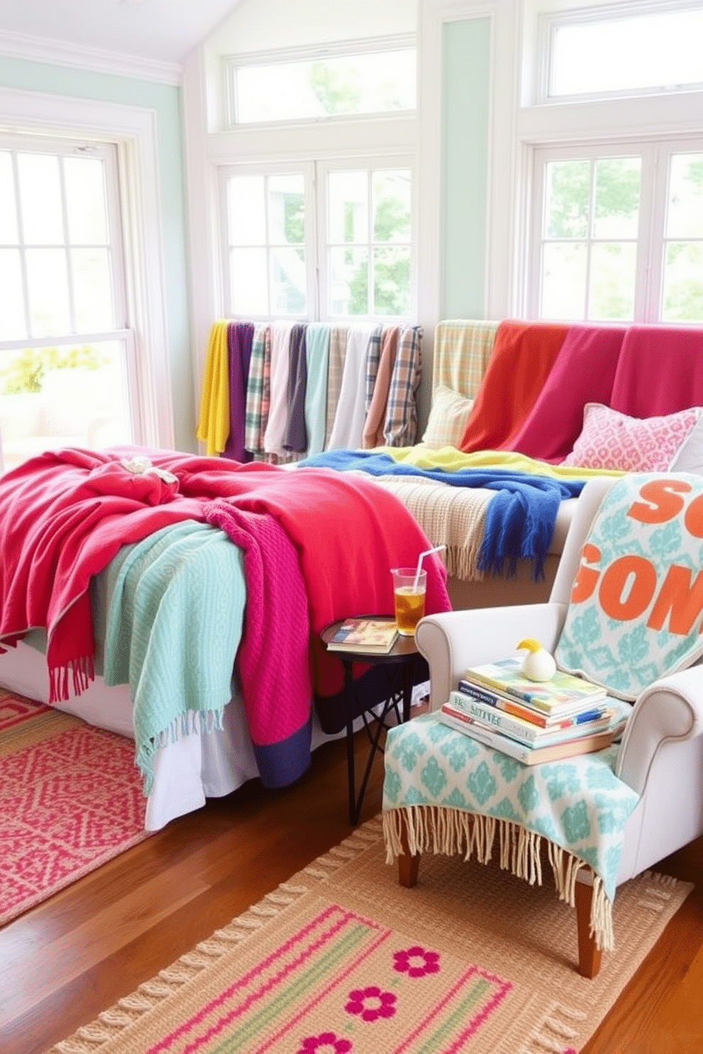 A vibrant summer bedroom filled with an array of colorful throw blankets draped across the bed and chairs. The walls are painted in a soft pastel hue, and large windows allow natural light to flood the space, enhancing the cheerful atmosphere. A cozy reading nook is created with a plush armchair adorned with a bright patterned throw blanket. A small side table holds a refreshing drink and a stack of summer-themed books, inviting relaxation and comfort.