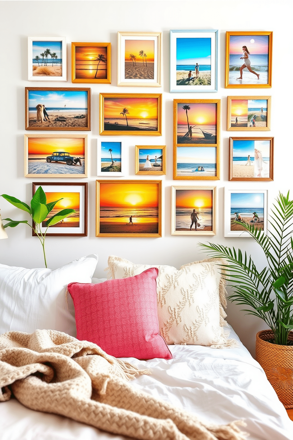 Create a gallery wall featuring a collection of vibrant summer photos showcasing beach scenes, sunsets, and outdoor adventures. The frames should vary in size and style, arranged in a dynamic layout that draws the eye and adds personality to the space. Design a summer bedroom that embodies a fresh and airy feel with light pastel colors and natural textures. Incorporate soft linens, a cozy throw blanket, and decorative pillows that reflect the warmth of the season, complemented by potted plants for a touch of greenery.