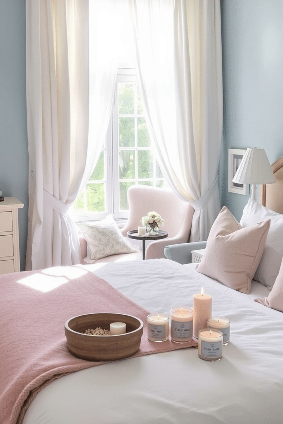 A serene summer bedroom retreat. The space features a light blue accent wall complemented by crisp white bedding and soft pastel throw pillows. Natural light floods in through sheer curtains, illuminating a cozy reading nook with a plush armchair and a small side table. A collection of scented candles is arranged on the bedside table, creating a refreshing aroma that enhances the tranquil atmosphere.