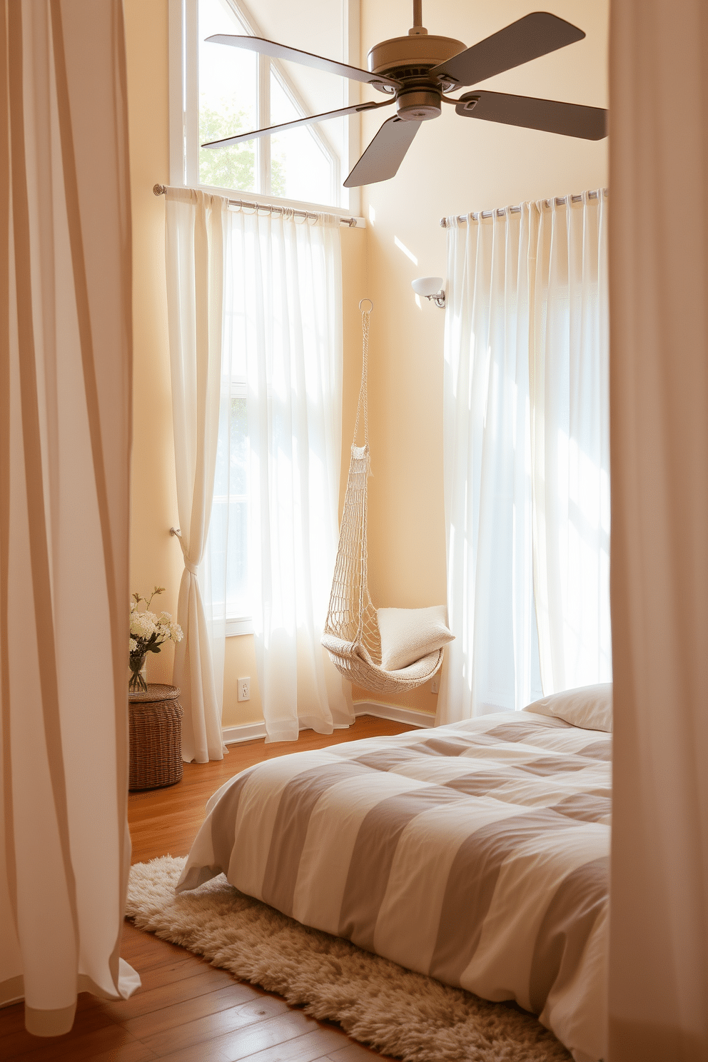 A serene summer bedroom setting designed for relaxation. The room features a cozy bed with soft linens, surrounded by light, airy curtains that let in natural sunlight. In one corner, a hammock chair is suspended from the ceiling, inviting you to unwind with a book. The walls are painted in a warm pastel hue, and a plush area rug adds comfort to the wooden floor.