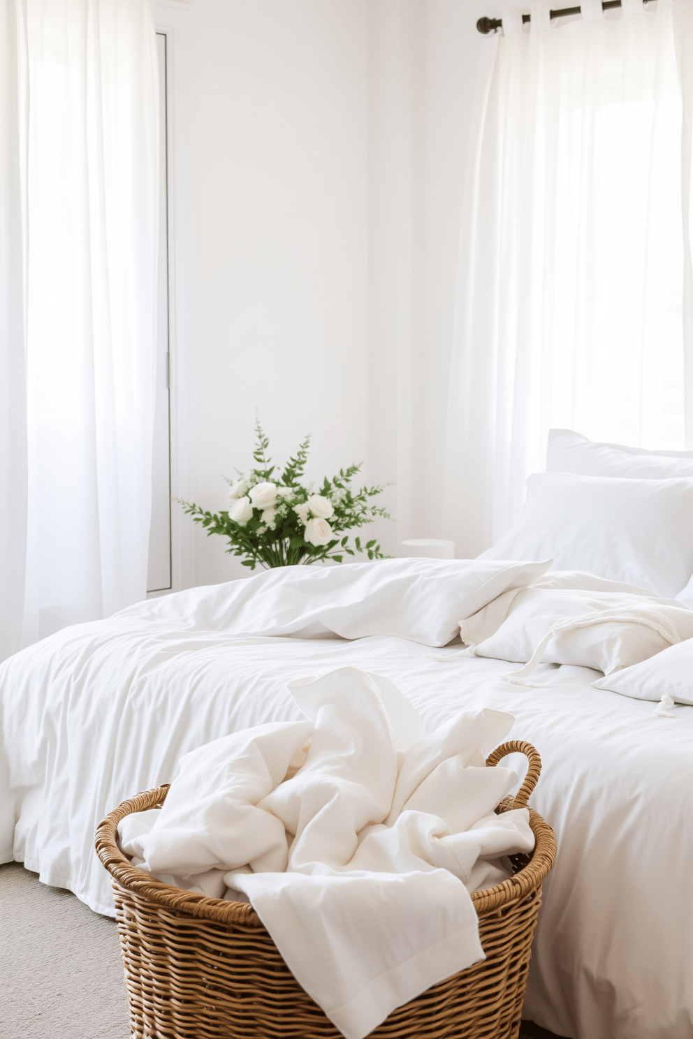 A serene summer bedroom retreat. The space features lightweight and breathable mattress covers in soft pastel tones that enhance comfort and relaxation. Light filtering through sheer curtains casts a gentle glow on the crisp white bedding. A woven basket filled with fresh linens sits at the foot of the bed, adding a touch of natural texture.