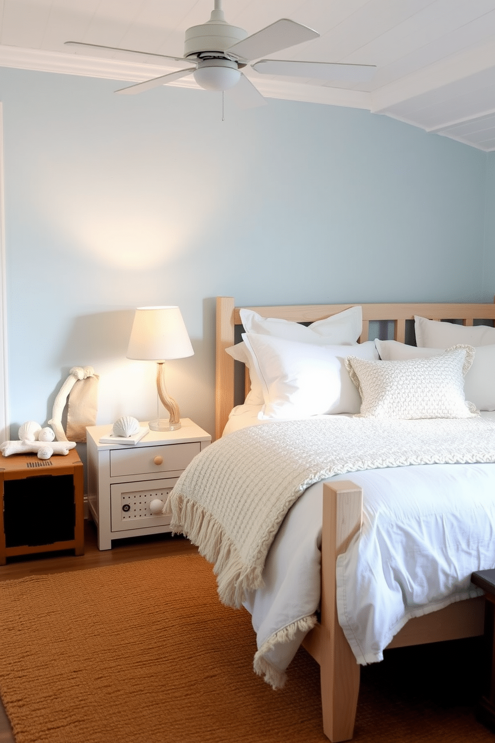 A serene summer bedroom infused with coastal charm. The room features soft blue walls and a light wood bed frame adorned with white linens and a collection of decorative pillows. Seashells are artfully arranged on a bedside table alongside a driftwood lamp that casts a warm glow. A woven jute rug lies beneath the bed, adding texture and warmth to the space.